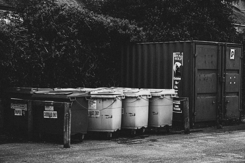A row of four large plastic wheelie bins in light-colored shades, positioned on a paved surface, each fitted with lids and situated in front of a dark, heavily textured container or skip. The bins are aligned side by side with slight gaps between them, and they appear to be used for waste collection purposes. To their left, there are smaller bins or containers marked with labels indicating 'PAPER,' 'CARBOARD ONLY,' and 'WASTE,' and these are protected by a short, round metal or plastic barrier post. The backdrop includes dense, dark foliage and trees, creating a natural environment contrast, with shadows suggesting overcast or shaded lighting. The setting appears to be an outdoor waste collection or disposal area, consistent with private rubbish handling or alternative waste management practices, such as independent collection services. The scene is neutral and functional, with no visible activity or people present, emphasizing the practical nature of waste storage and disposal in a typical environment for waste collection specialists like Waste Collection Waterloo.